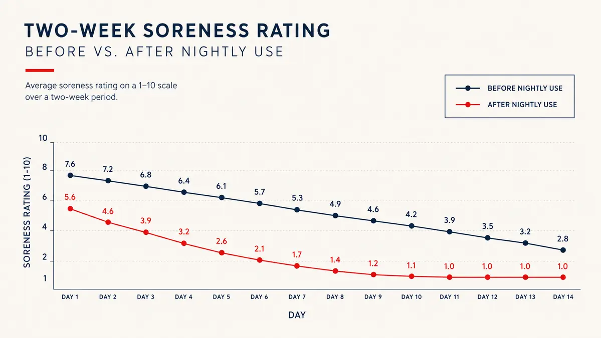 Simple bar chart comparing self-reported foot soreness before and after 20 minutes in a heated foot massager over two weeks