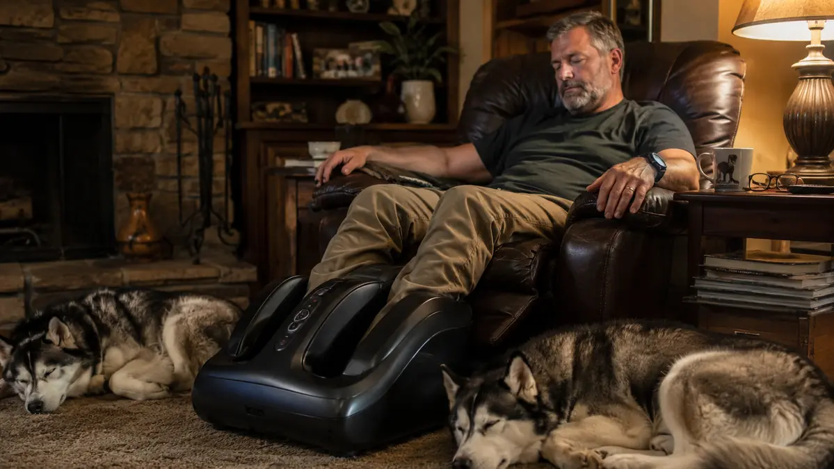 Man relaxing on the couch with two Siberian huskies at his feet while using the foot massager