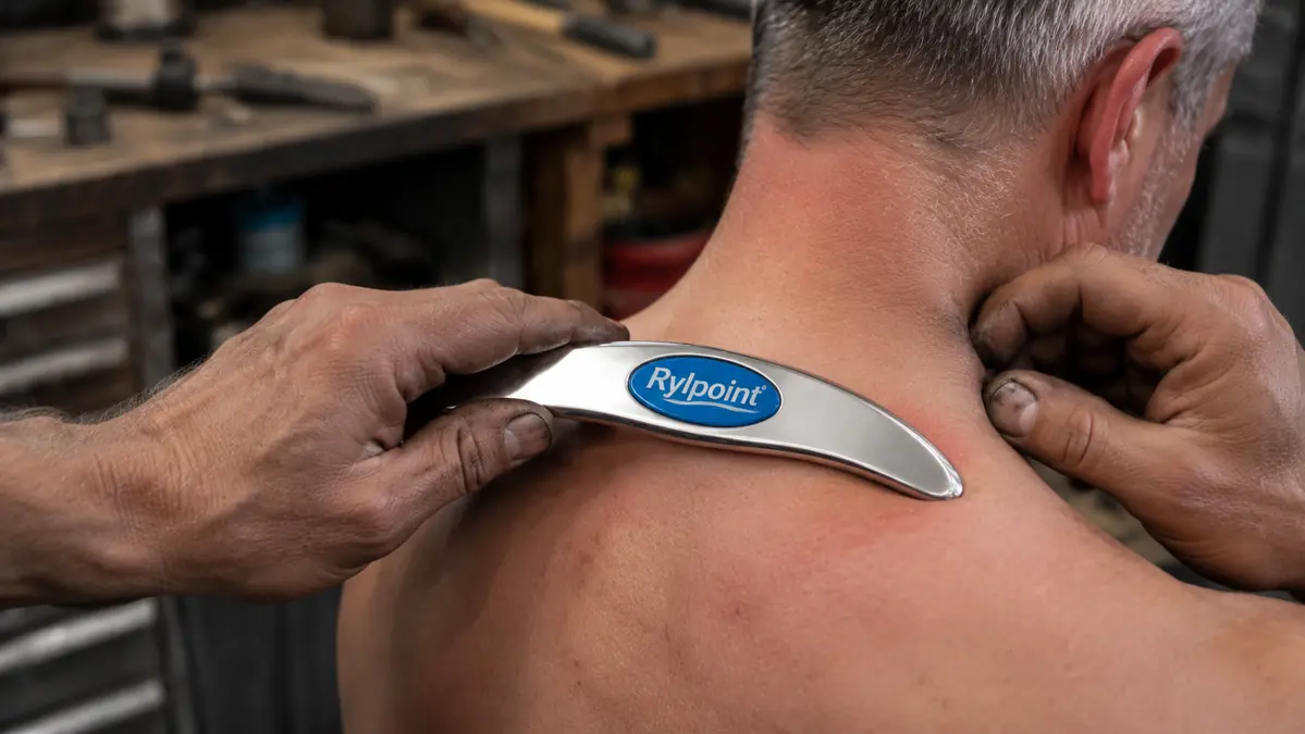 Close-up of weathered hands using a stainless steel gua sha scraping tool along the back of the neck and upper shoulder