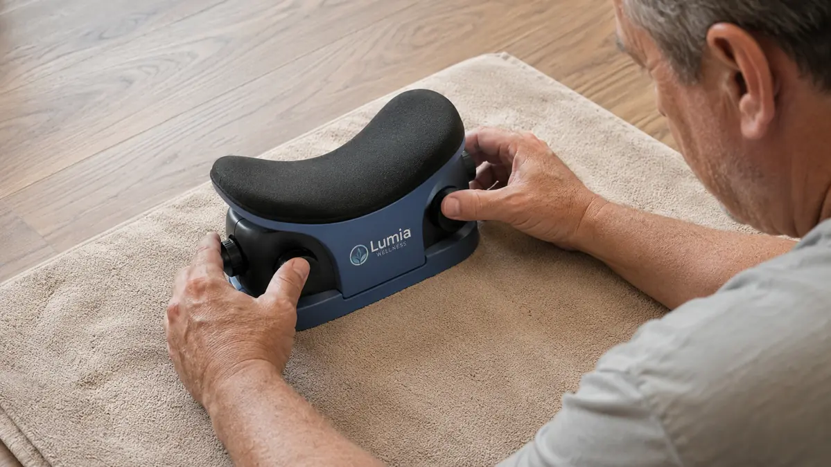 Close-up of hands positioning the firm cervical traction block under the base of the neck on a flat surface