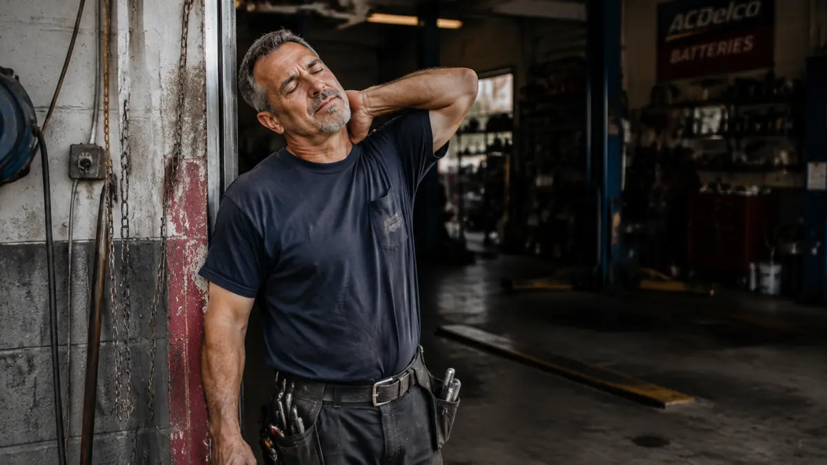 Man doing light shoulder rolls and neck stretches in a garage doorway during a break