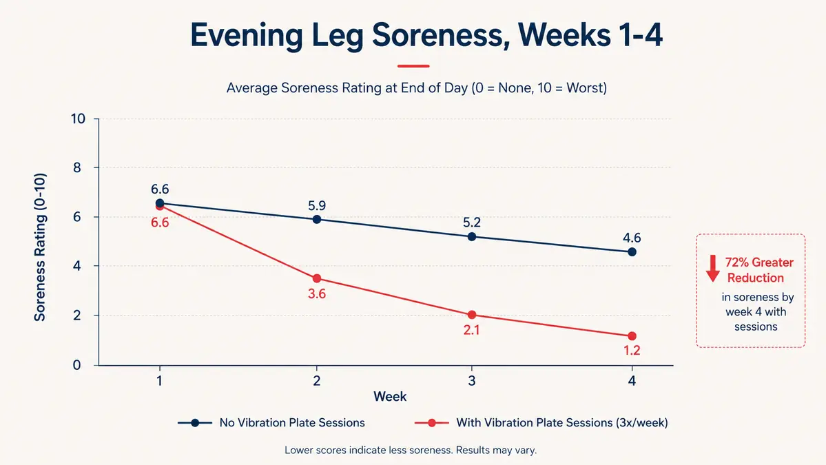 Simple line chart showing leg soreness scores dropping over four weeks of evening vibration plate sessions