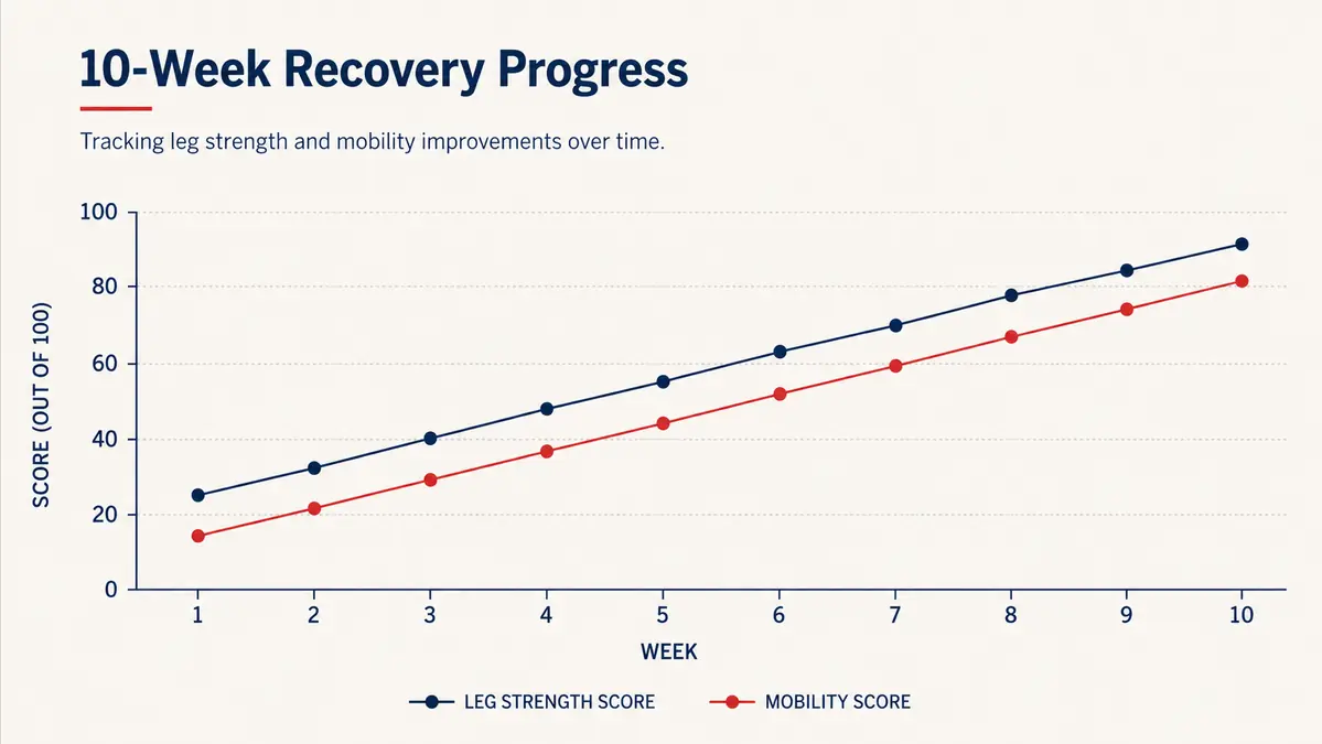 Chart showing thigh strength recovery progress over 10 weeks of light BFR training after knee surgery