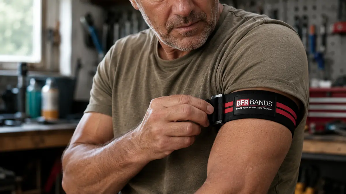Close-up of a hand adjusting the pressure on a BFR occlusion band wrapped around a forearm, checking finger color and sensation