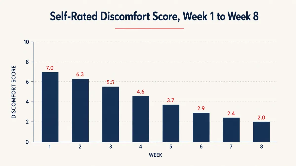 Bar chart showing a self-rated discomfort score dropping steadily from week one to week eight of learning proper band pressure