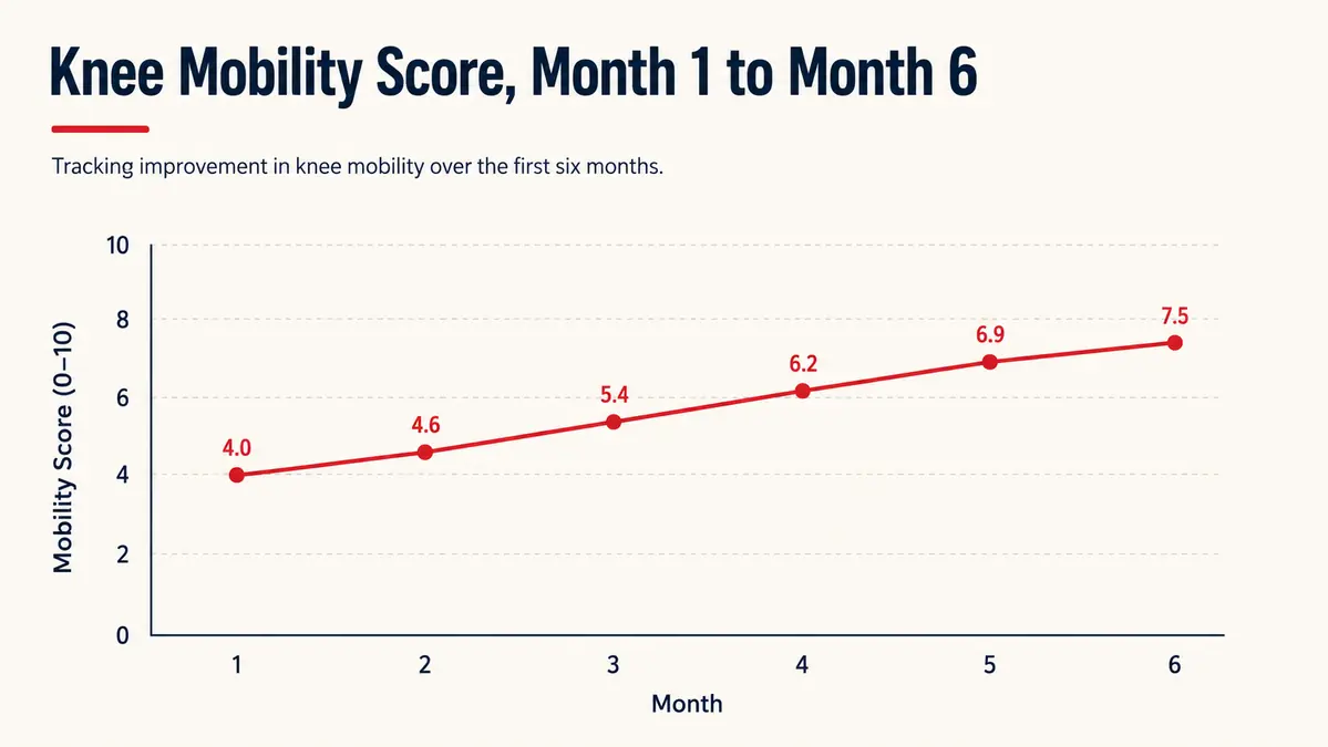 Simple line chart showing self-rated knee mobility and soreness scores climbing over six months of occlusion training