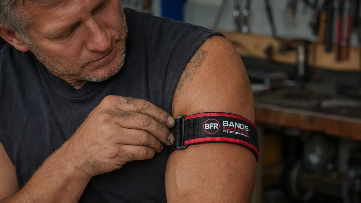 Close-up of hands with grease-stained knuckles tightening a BFR Bands Pro occlusion band around the upper arm