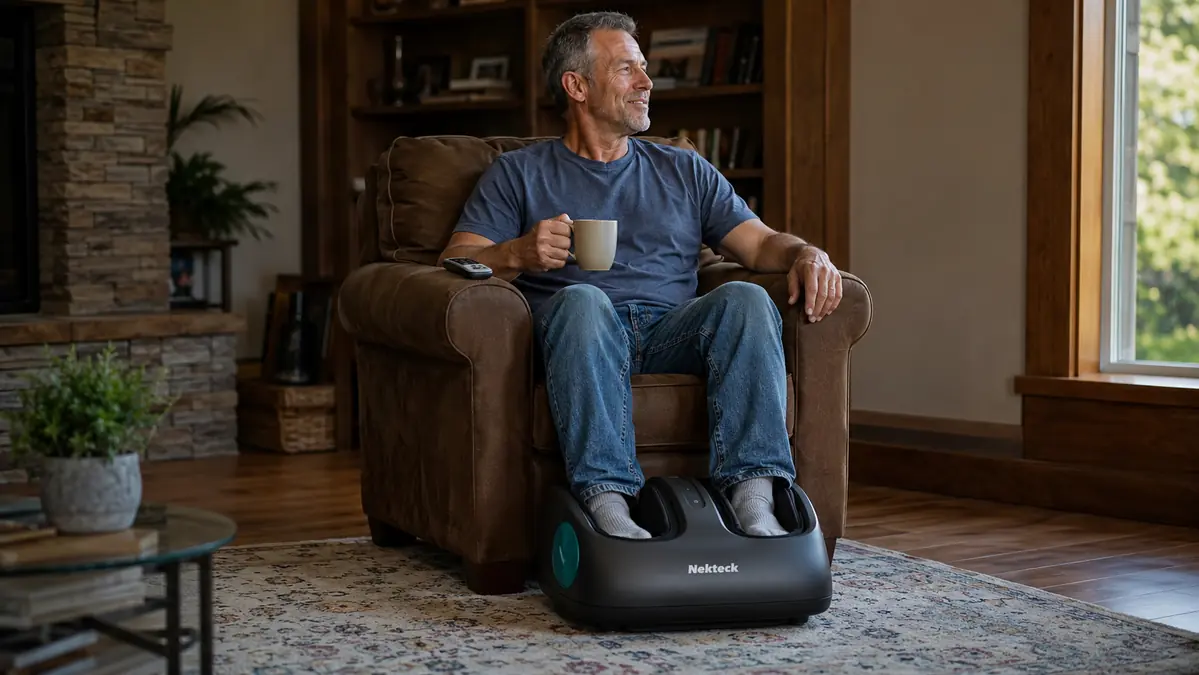 Close-up of bare feet resting inside a heated shiatsu foot massager in a living room
