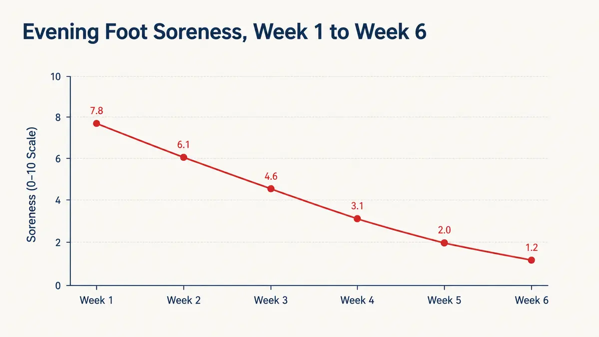 Chart showing evening foot soreness rating dropping over six weeks of nightly foot massager use