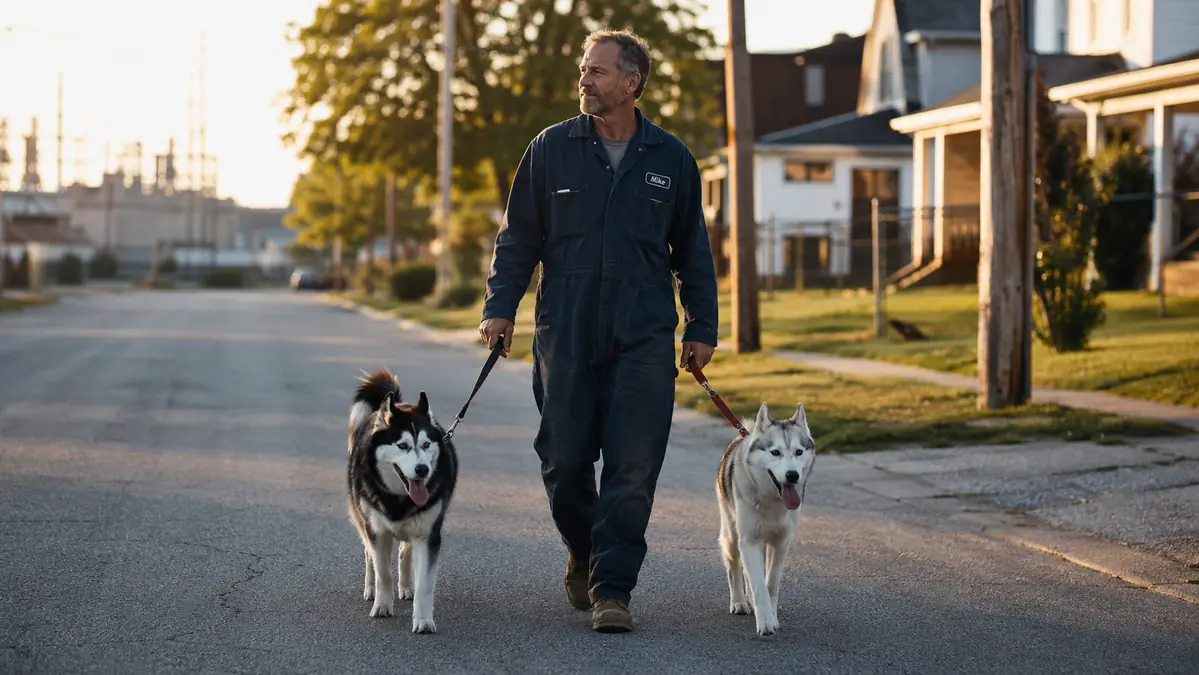 Man walking two Siberian huskies down a quiet street at dusk, moving easily without favoring either foot