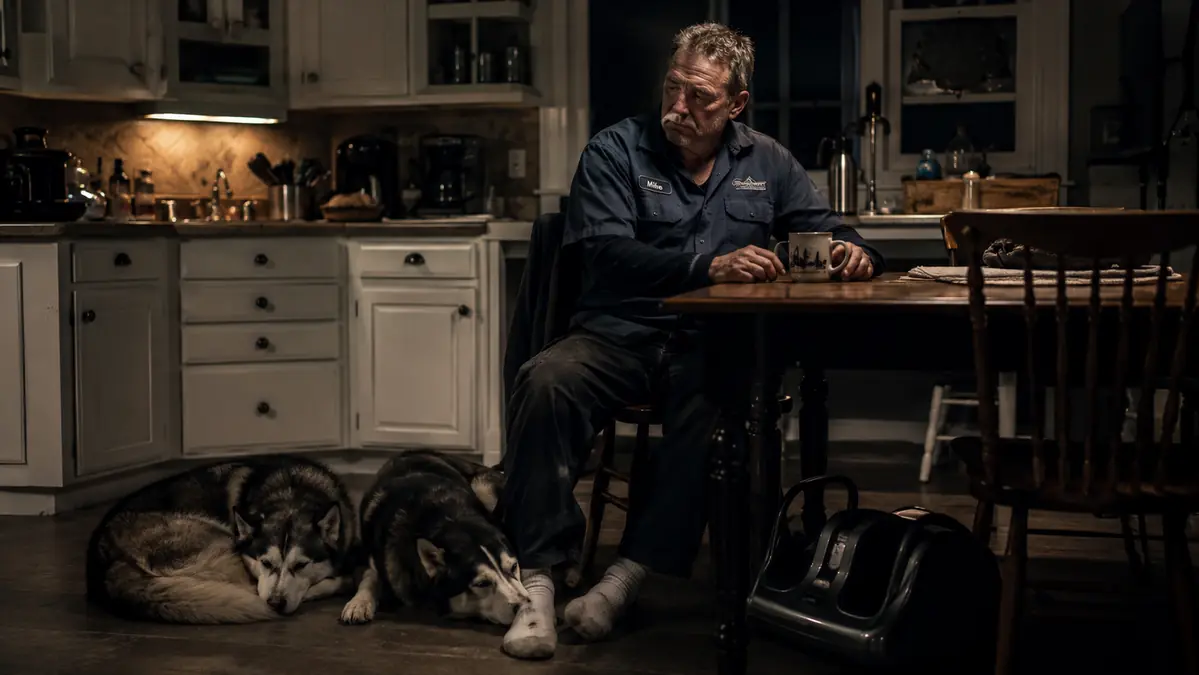 Gregory sitting at his kitchen table late at night with two Siberian huskies at his feet, foot massager quiet in the corner, a mug of coffee going cold