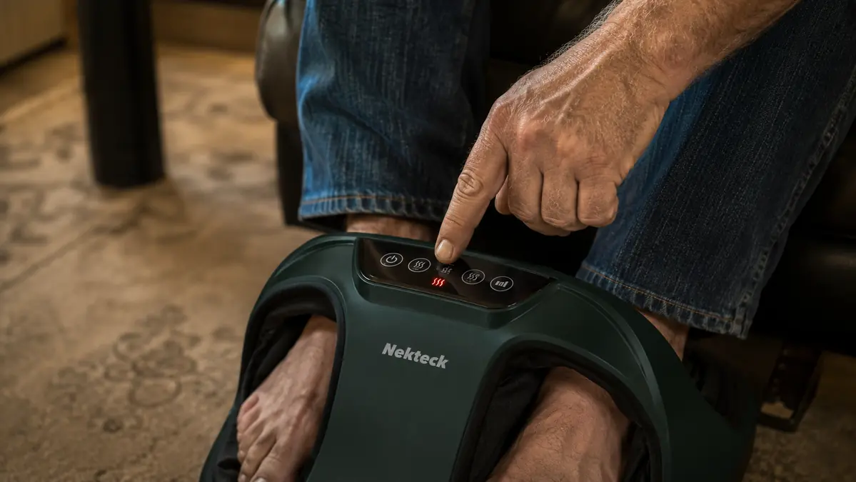Close-up of a hand pressing the heat button on the foot massager control panel while feet rest inside the unit