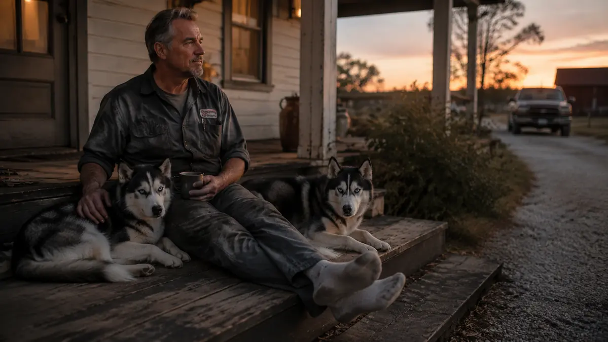 Gregory sitting on his porch steps at dusk with two Siberian huskies resting at his feet, boots off, socks on