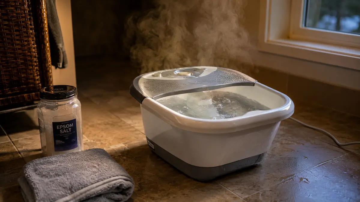 Plug-in foot spa tub filled with warm water sitting on a bathroom floor mat, towel folded beside it