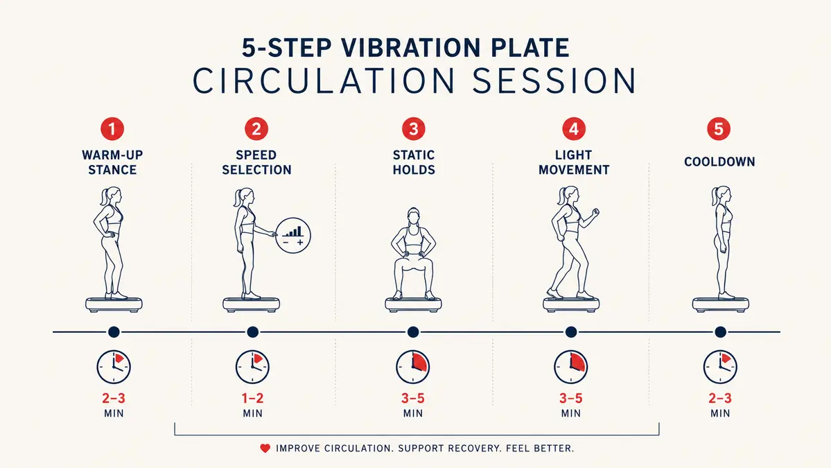 Simple chart showing a 5-step vibration plate circulation routine broken into time blocks