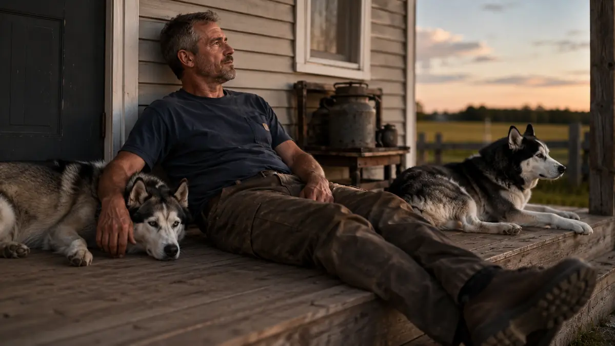 Man sitting on a porch step in the evening with his legs stretched out and two Siberian huskies resting beside him