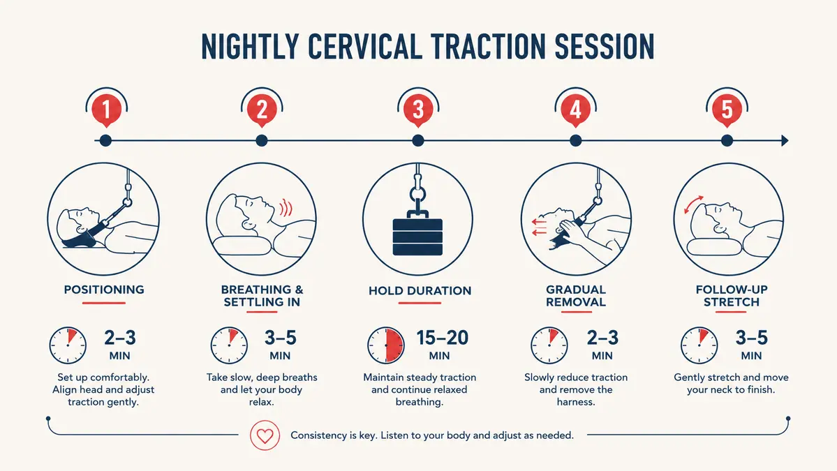 Simple chart showing a 5-step nightly neck traction routine broken into time blocks