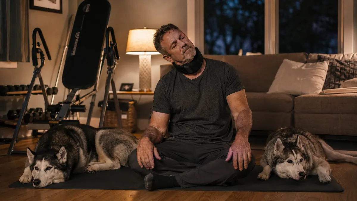 Man sitting up on a mat in the evening rolling his neck side to side with two Siberian huskies resting beside him