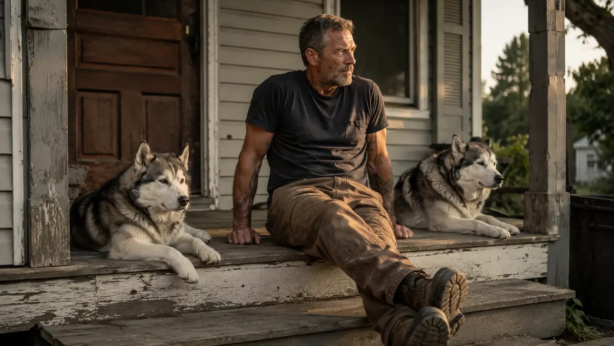 Man sitting on a porch step in the evening stretching his legs with two Siberian huskies resting beside him