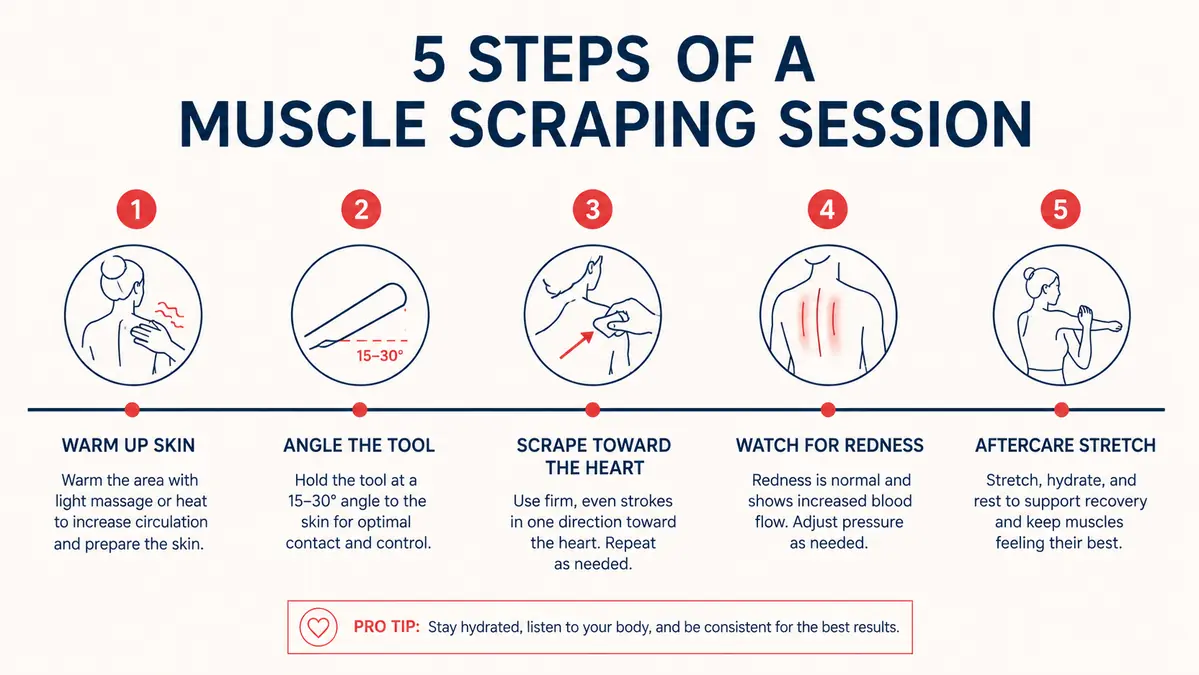 Simple chart showing a 5-step muscle scraping routine broken into stages