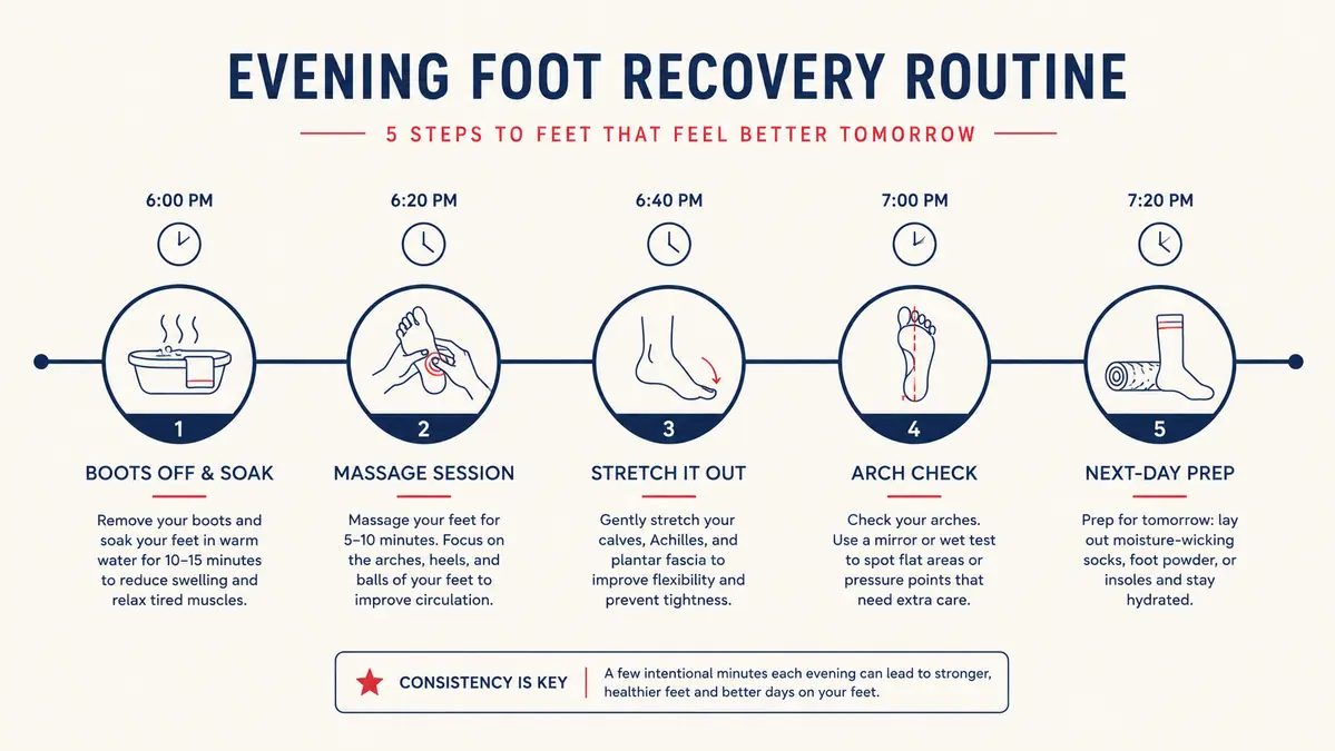 Simple chart showing a 5-step evening foot recovery routine broken into time blocks