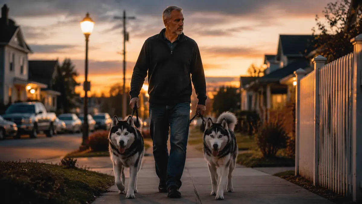 Man walking two Siberian huskies down a quiet street at dusk after finishing his evening foot routine