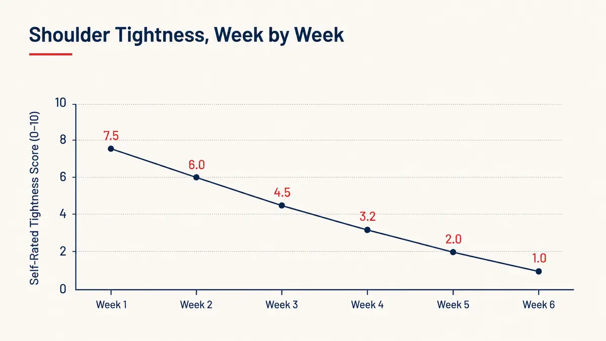Chart showing self-rated shoulder tightness score dropping over six weeks of nightly scraping