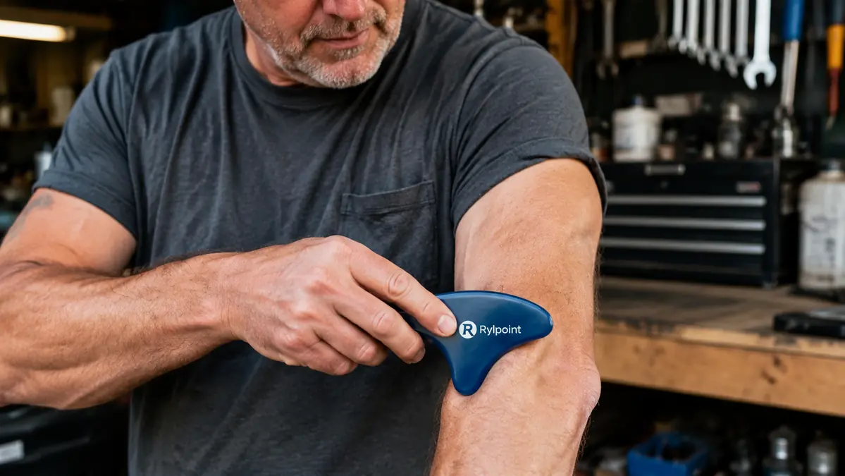 Hand demonstrating light-pressure technique with a stainless steel gua sha tool angled low against the skin
