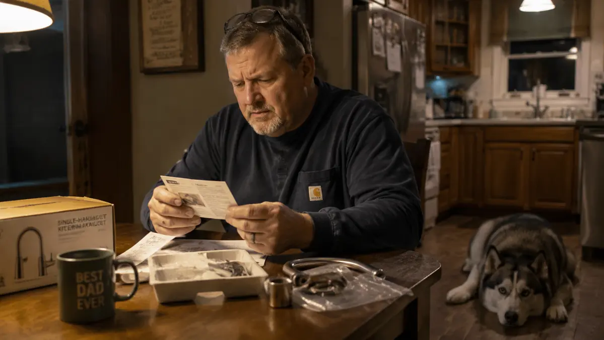 Gregory reading the small instruction card that came with the tool at his kitchen table, one husky at his feet