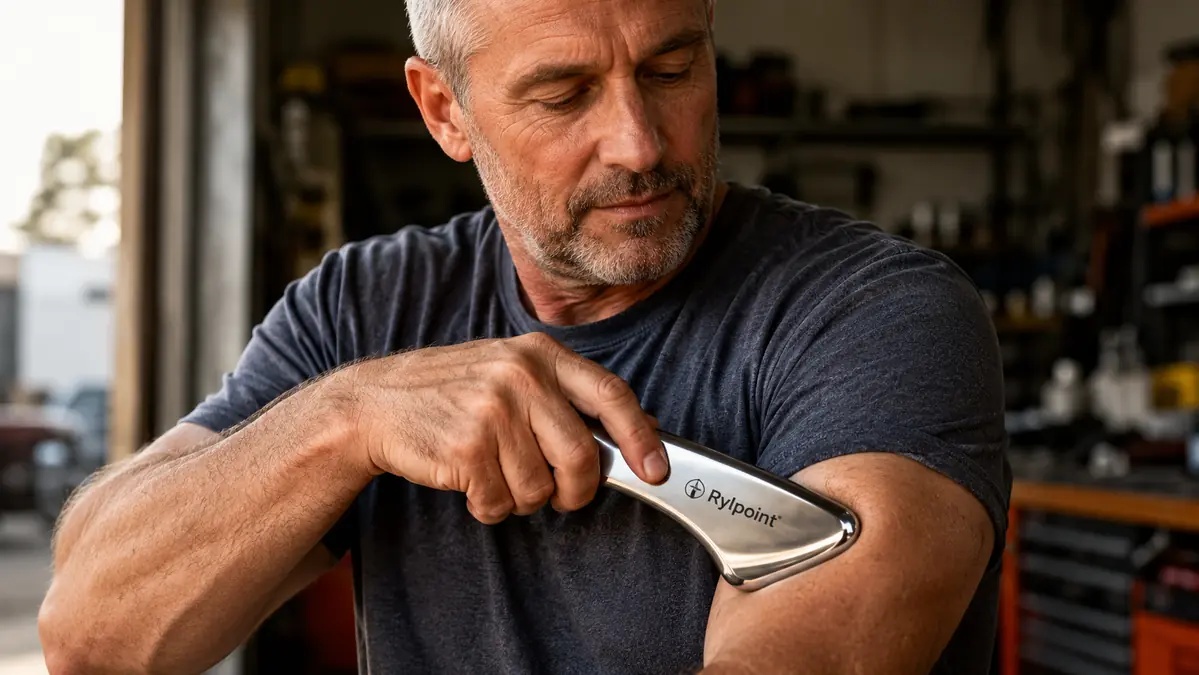 Close-up of a hand using the curved edge of a stainless steel gua sha tool to scrape along a forearm