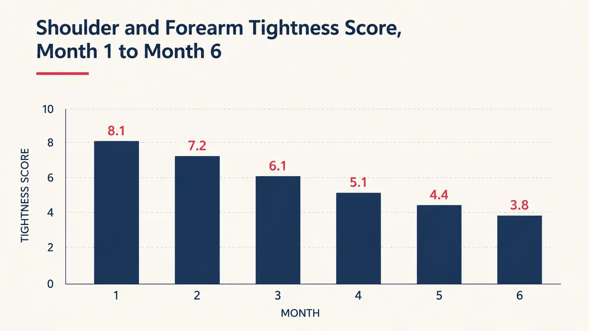 Simple bar chart showing self-rated shoulder and forearm tightness scores dropping over six months of regular scraping sessions