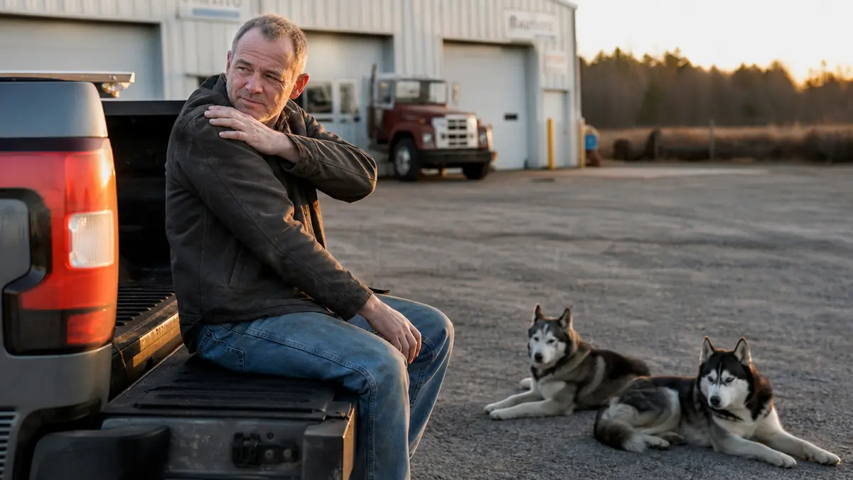 Gregory sitting on his tailgate at dusk rolling his shoulder, two Siberian huskies resting nearby