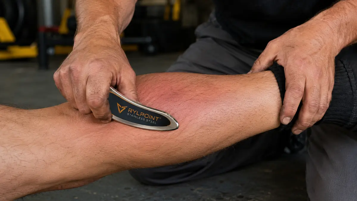 Close-up of hands with grease-stained knuckles running a stainless steel muscle scraper along a calf muscle