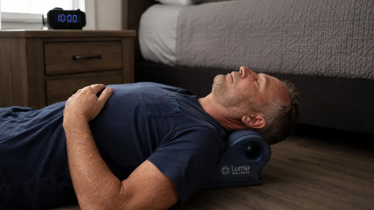 Close-up of a man lying on his back on a bedroom floor with a firm foam cervical traction block supporting his neck