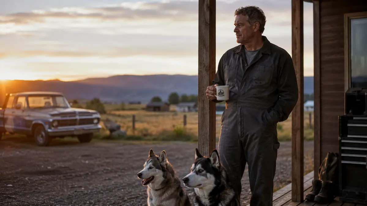 Man drinking coffee on a porch at sunrise with two Siberian huskies at his feet, relaxed and alert