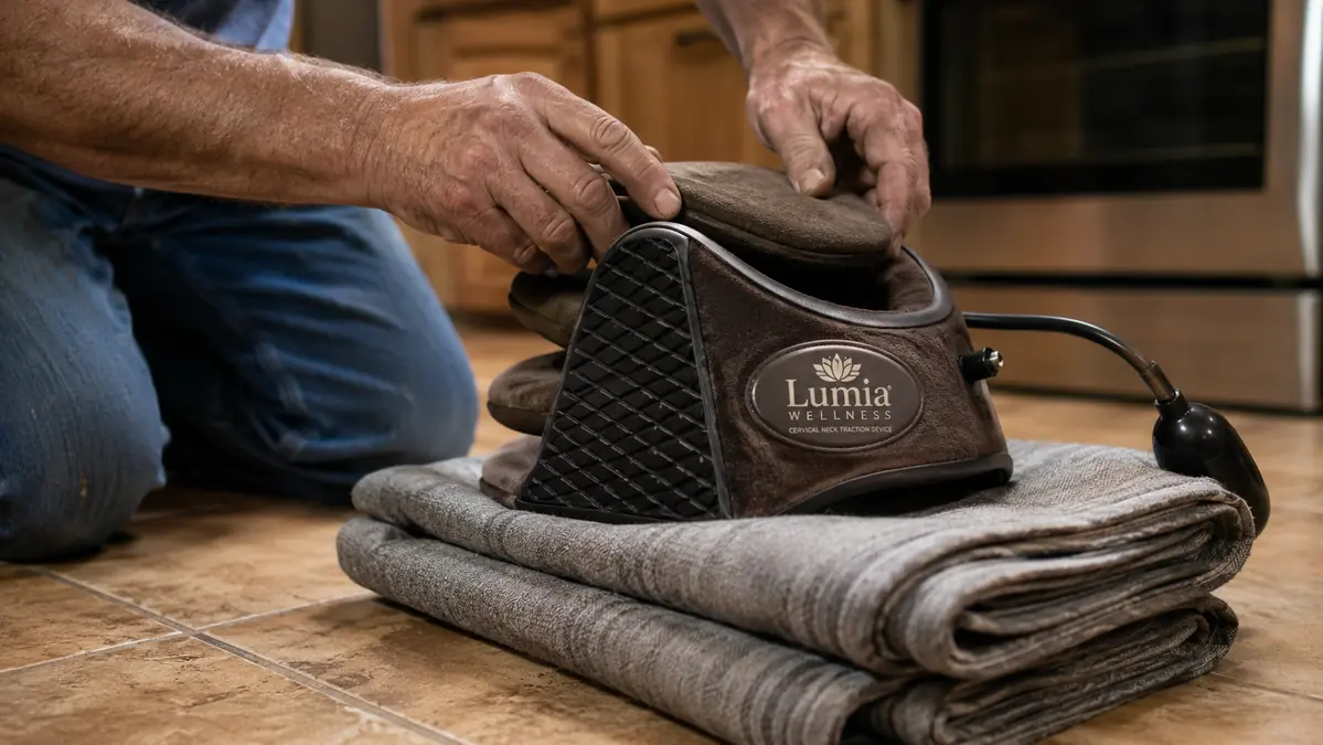 Close-up of hands repositioning the firm foam cervical traction block on a folded blanket over tile flooring