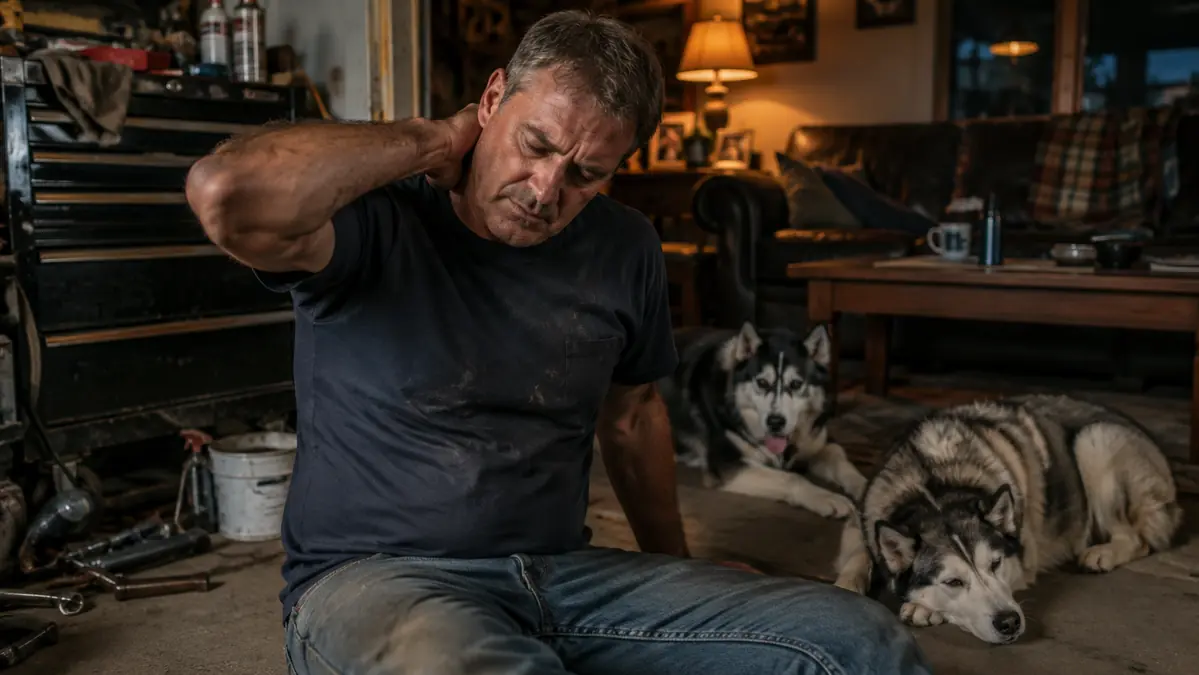 Gregory pausing mid-session to rub the back of his neck, two huskies resting nearby on the floor