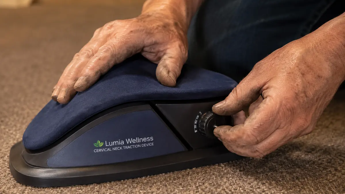 Close-up of hands positioning the firm foam cervical traction block correctly under the base of the neck before lying back