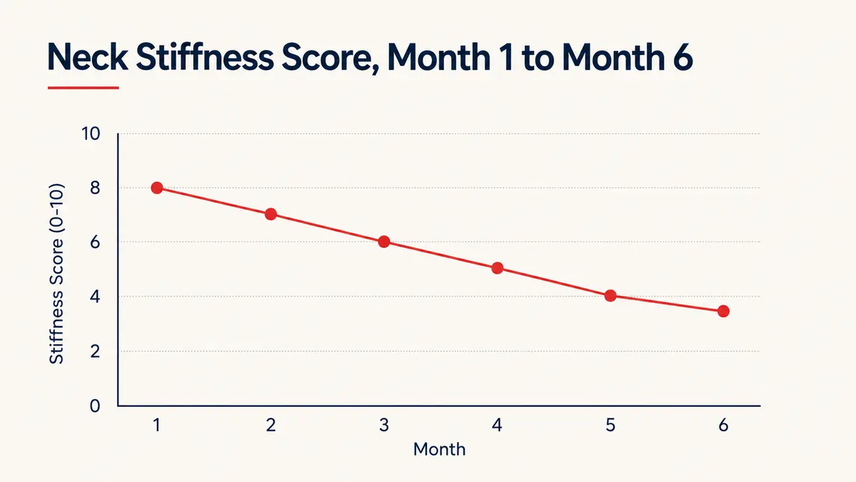 Simple line chart showing self-rated neck stiffness and range of motion scores improving over six months of nightly traction use