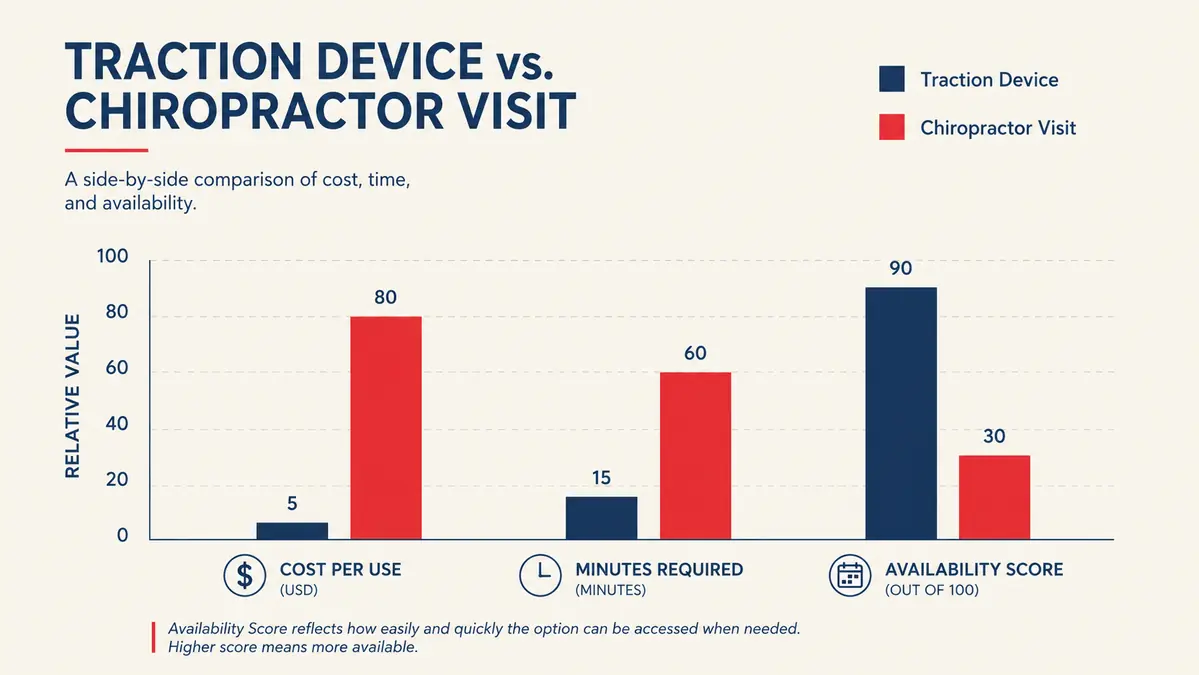 Chart comparing cost per session, time commitment, and availability between a home traction device and chiropractor visits
