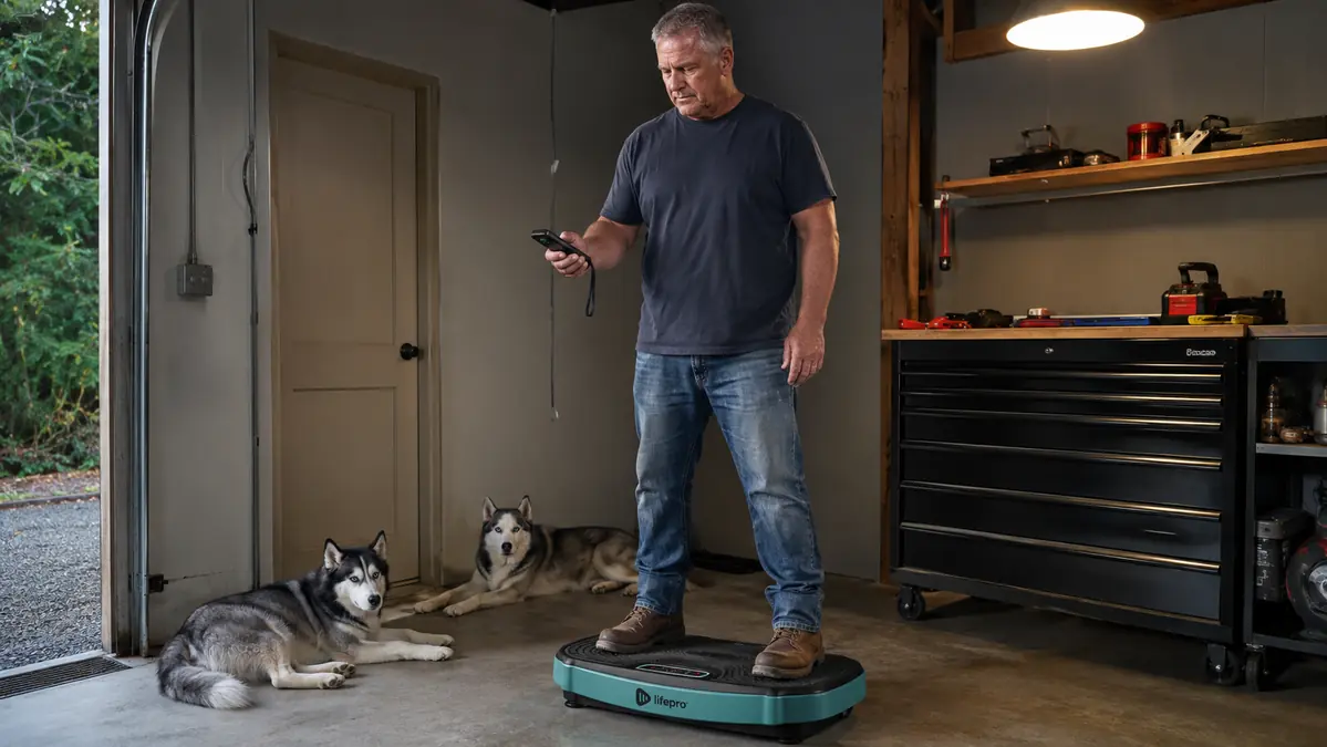 Man standing on a vibration plate in a garage-converted home gym corner, remote in hand, two Siberian huskies lying nearby