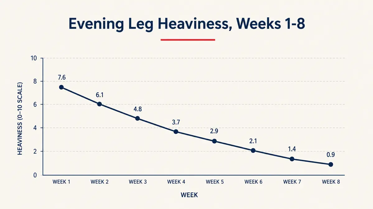 Simple chart showing self-rated leg heaviness and evening restlessness dropping over 8 weeks of nightly vibration plate use