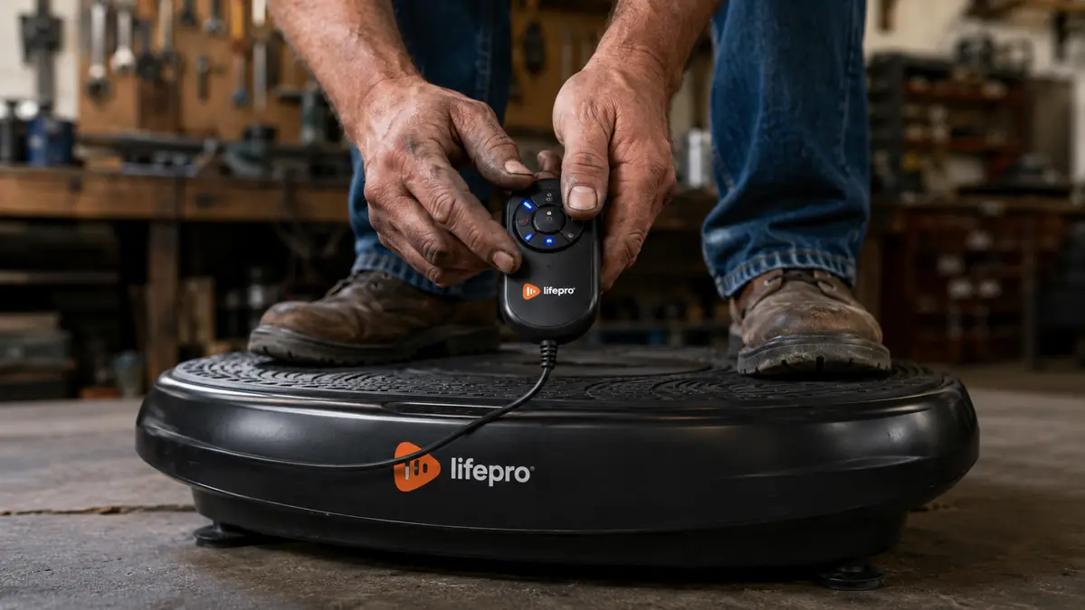 Close-up of hands with grease-stained knuckles adjusting the wrist remote on a Lifepro 4D vibration plate
