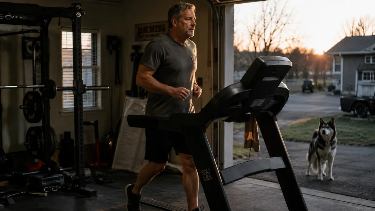 Mechanic walking briskly on a treadmill in a garage gym with a Siberian husky watching from the doorway